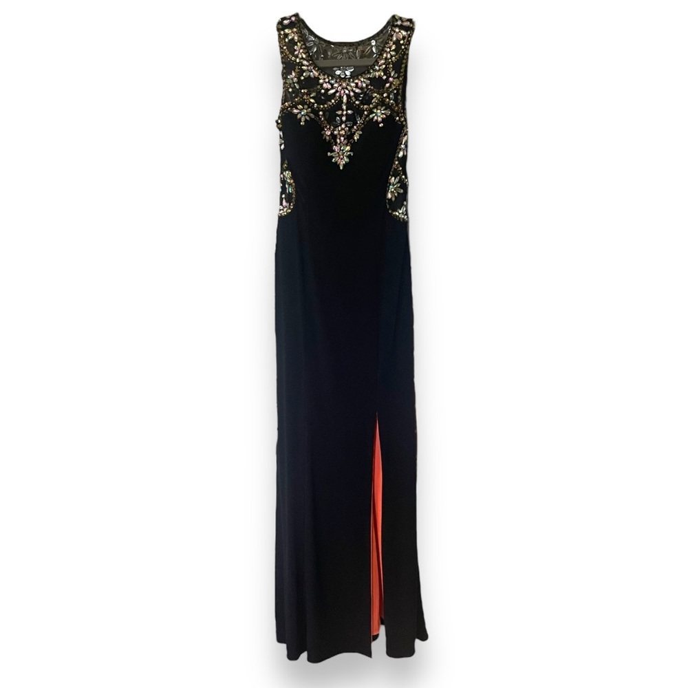 Betsy & Adam Navy and Coral Prom Dress
